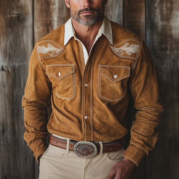 Herren Vintage Khaki Western Cowboy Wildleder Besticktes Langarmhemd