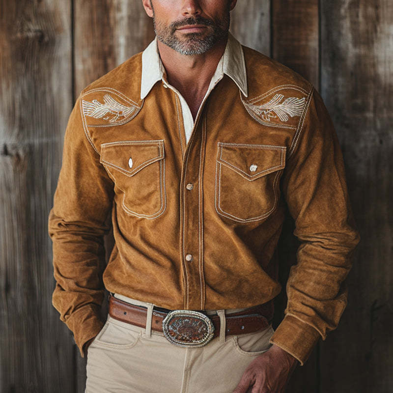 Herren Vintage Khaki Western Cowboy Wildleder Besticktes Langarmhemd