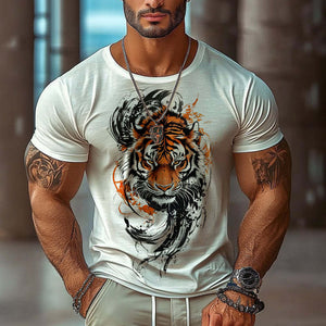 Men's Tiger Printed Round Neck Short Sleeve T-Shirt