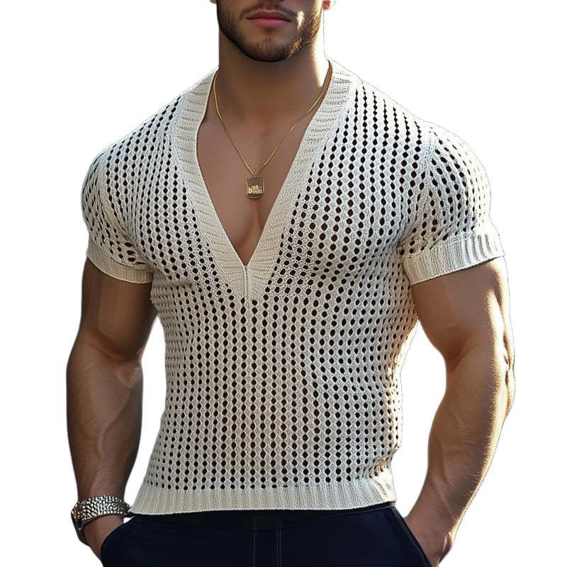 Men's Summer V-neck Hollow Slim Fit Knit T-shirt
