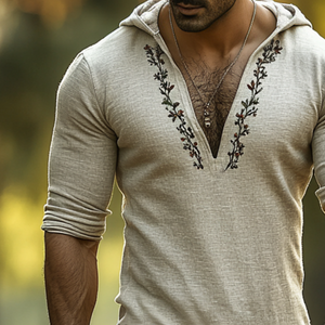 Herren Retro Casual Leinen Besticktes Langarmhemd mit Kapuze