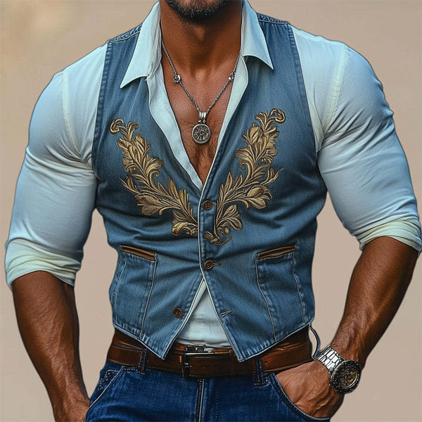 Vintage-Denimweste mit Stickerei und drei Knöpfen für Herren