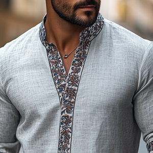 Men's Spring Classic Retro Ethnic Printed Stand Collar Long Sleeve Shirt