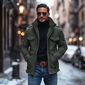 Herren Vintage Wildleder Fleece Kragen Patchwork Multi-Pocket Reißverschluss Mantel