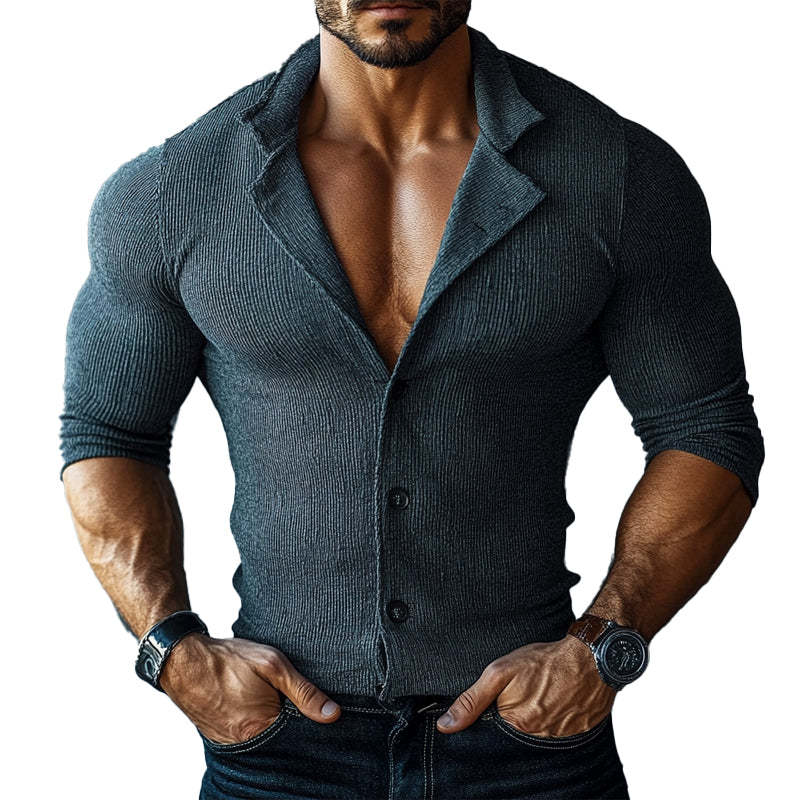 Herren Slim Fit Langarmhemd mit gestreiftem Revers