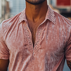 Men's Spring Fashion V-neck Lace Stitching Velvet Short-sleeved POLO Shirt