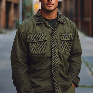 Herren Frühling und Herbst Army Green Splicing Printed Langarmhemd