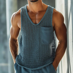 Herren-Tanktop mit Rundhalsausschnitt und einfarbigem Strickmuster im Vintage-Stil mit Tasche