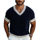 Men's Contrast Knit V-Neck Short Sleeve Sweater T-Shirt
