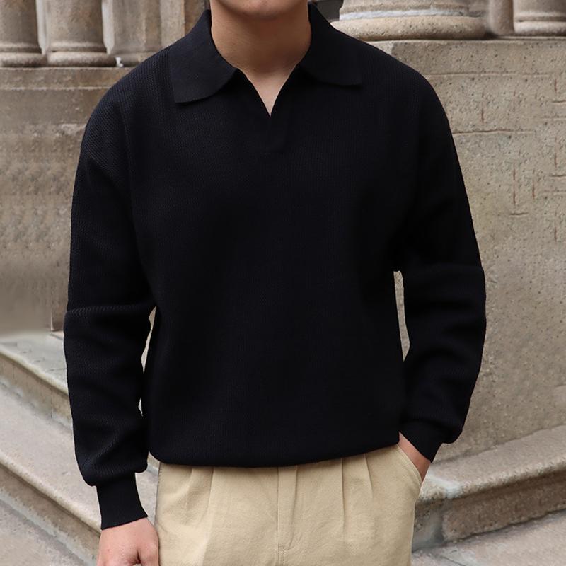 Einfarbiges, langärmliges Strick-Poloshirt mit Revers für Herren