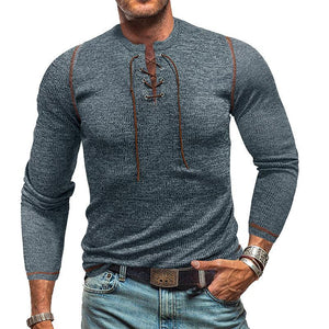 Men's Crew Neck Tie Long Sleeve Outdoor Henley T-Shirt