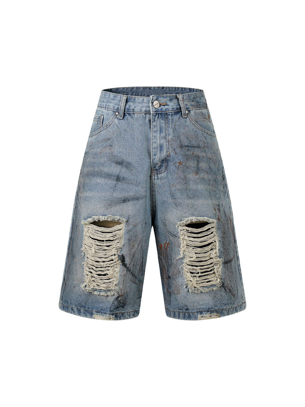 Washed Distressed Dirty-Dyed Ripped Denim Shorts