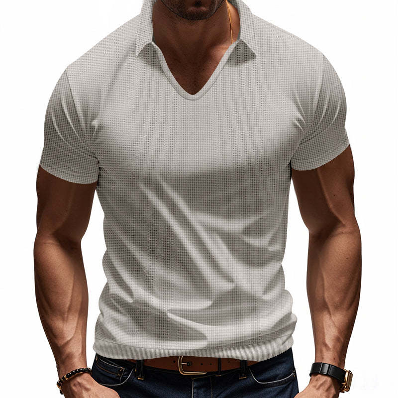 Men's Solid Color Waffle Lapel Short Sleeve POLO Shirt