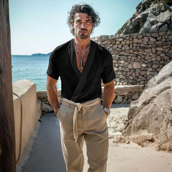 Men's Retro Solid Color Round Neck Raw Edge Short Sleeve T-Shirt