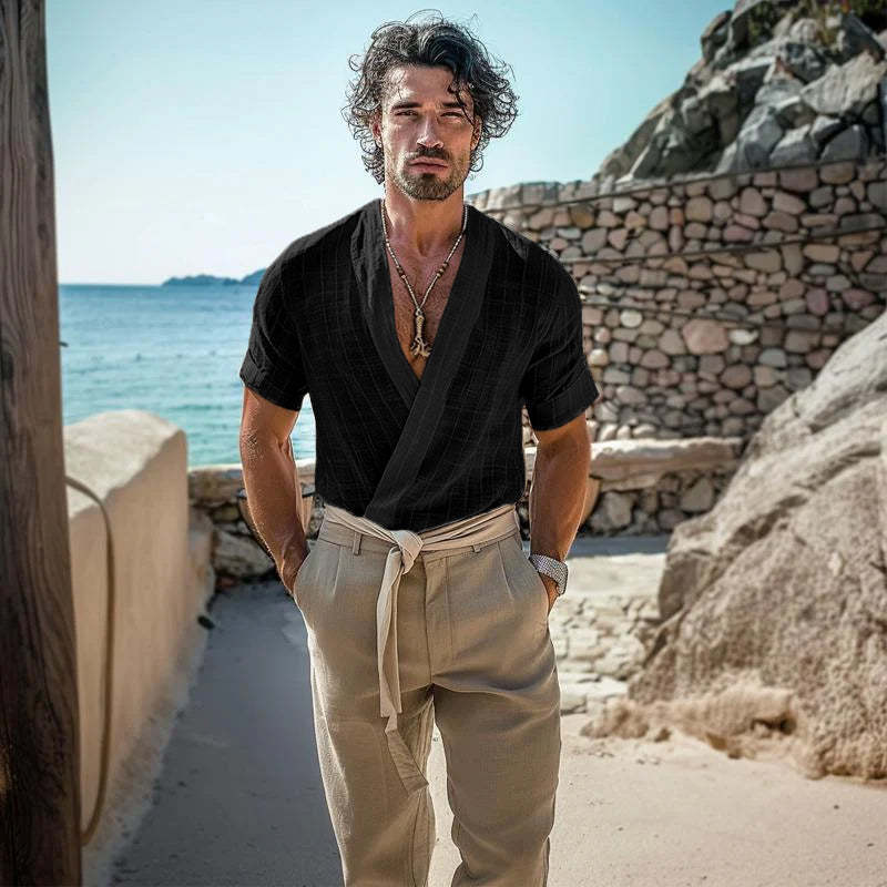 Men's Retro Solid Color Round Neck Raw Edge Short Sleeve T-Shirt