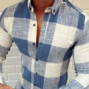 Men's Casual Cotton Plaid Lapel Slim Fit Long Sleeve Shirt