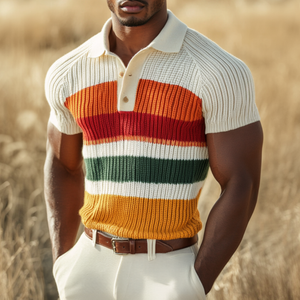 Men's Casual Lapel Color Striped Soft Knitted Short Sleeve Polo Shirt