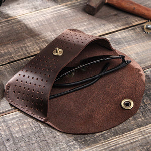 Men's Portable Top Layer Cowhide Hollow Glasses Storage Bag