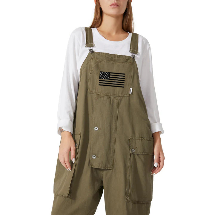 Unisex American Flag Printed Casual Loose Straight Cargo Overalls