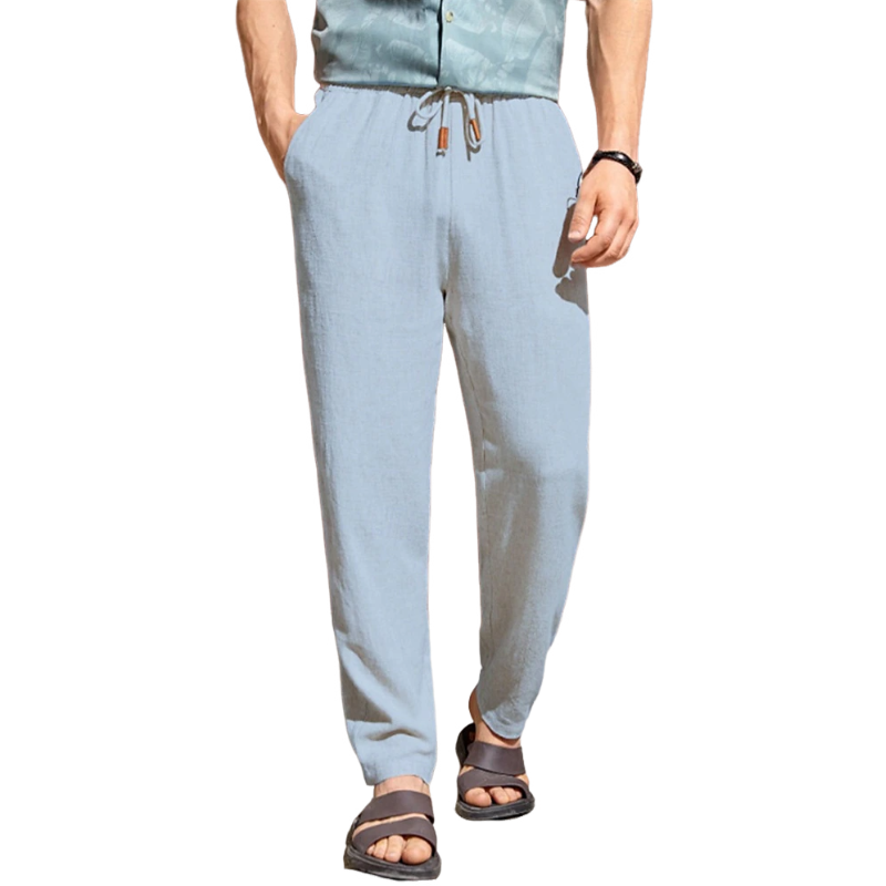 Lässige Herrenhose aus Baumwolle und Leinen mit elastischer Taille und geradem Bein