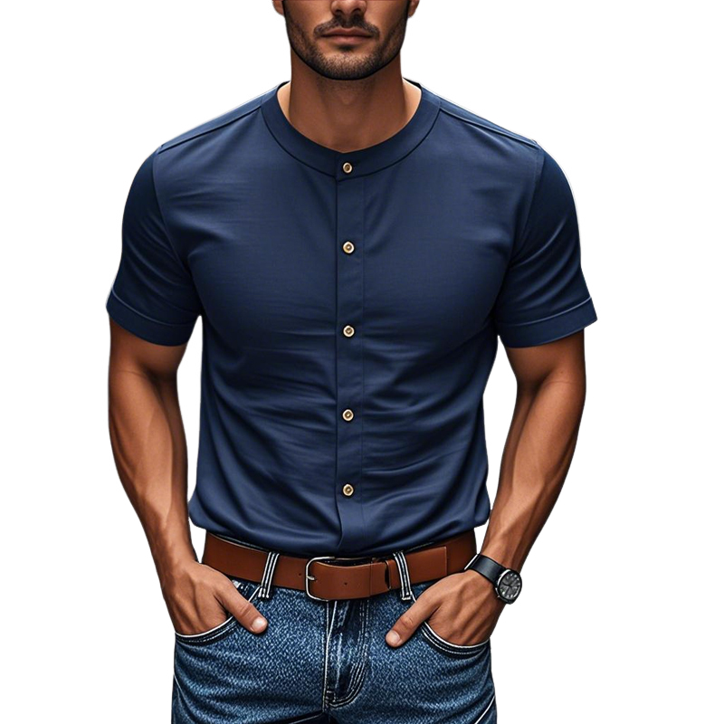 Lässiges Herrenhemd aus Baumwolle mit Rundhalsausschnitt, einreihig, Slim Fit, kurzärmelig