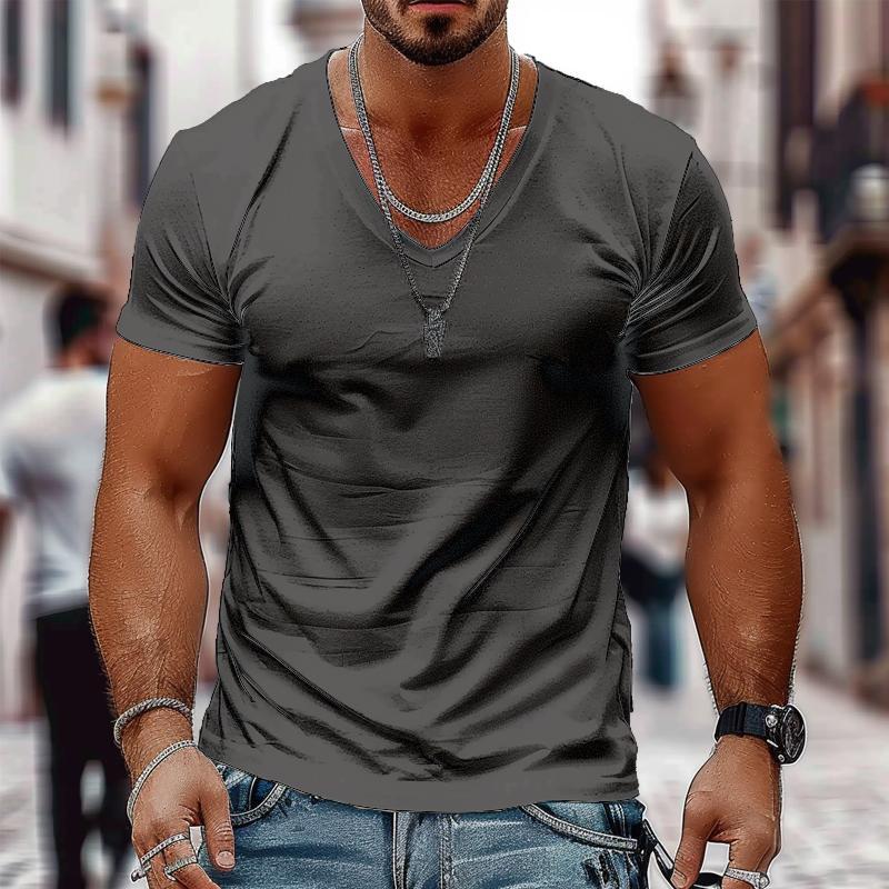 Men's Solid Color Casual V-neck Cotton Short-sleeved T-shirt