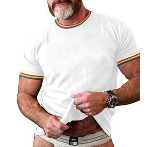 Herren-T-Shirt mit Regenbogenstreifen und Patchwork-Muster, Rundhalsausschnitt, kurzärmelig