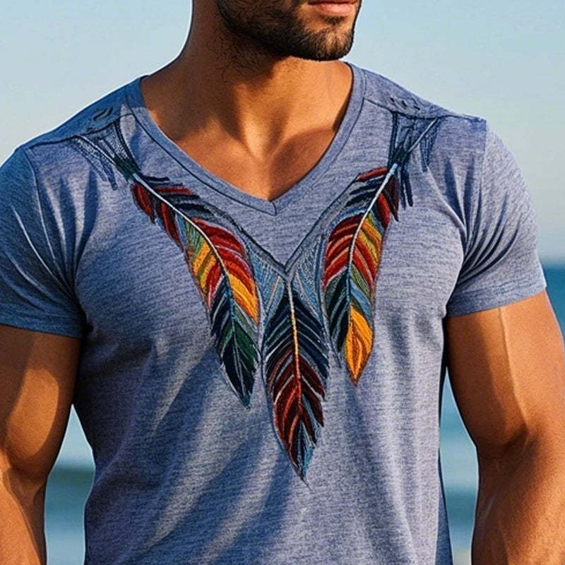 Herren-T-Shirt mit Vintage-Federstickerei, kurzärmelig