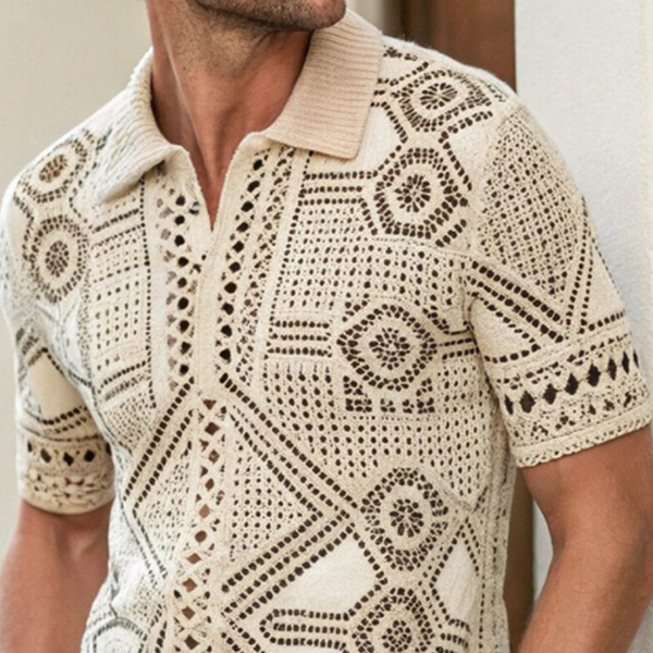 Men's Summer Fashion Casual Vacation Lapel Hollow Knitted Short-sleeved T-shirt