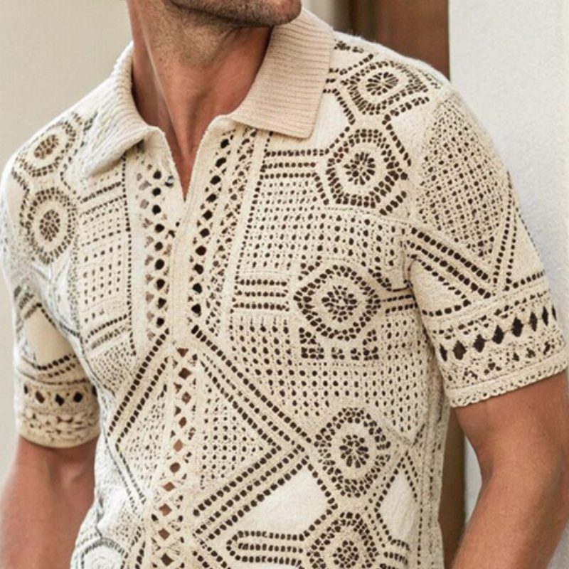 Men's Summer Fashion Casual Vacation Lapel Hollow Knitted Short-sleeved T-shirt