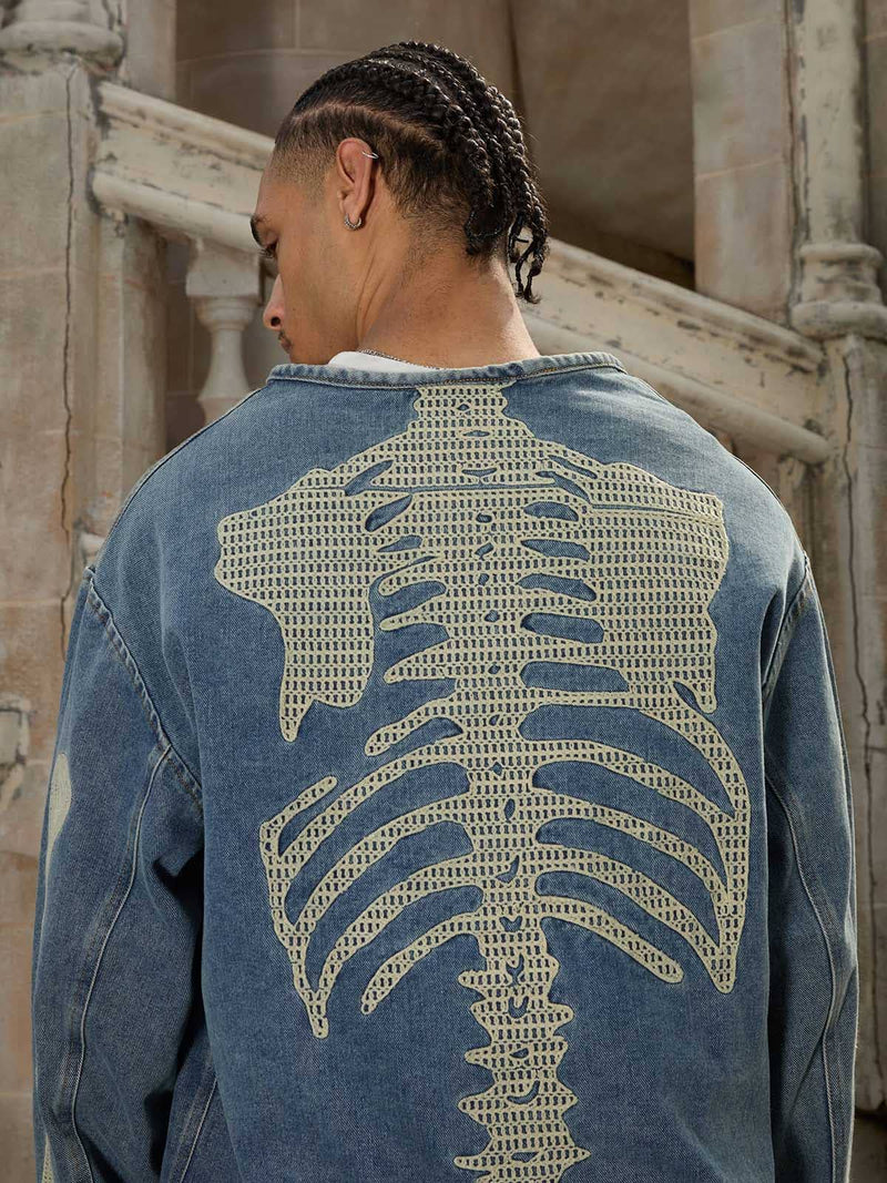 Heavy Bone Embroidered Washed Denim Jacket