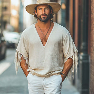 Men's Casual Loose Deep V-Neck Cotton And Linen Tassel T-Shirt