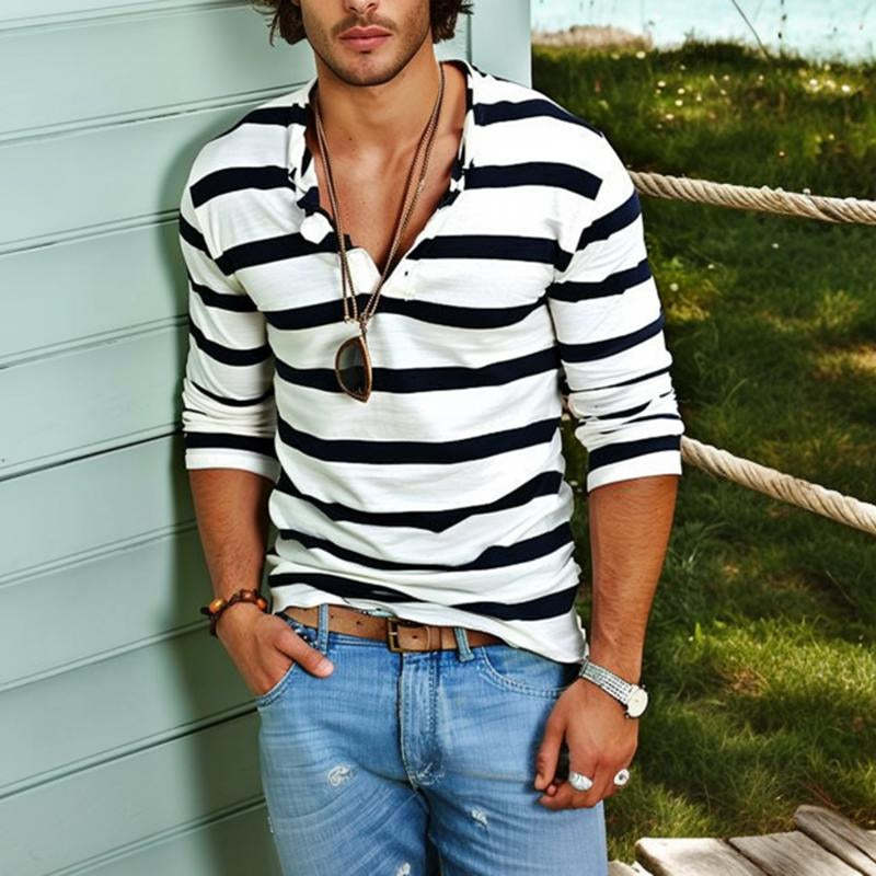 Men's Casual Striped Henley Collar Long Sleeve T-Shirt