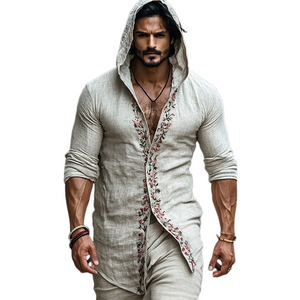 Herren Retro Casual Leinen Besticktes Langarmhemd mit Kapuze