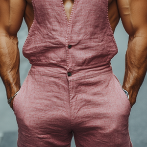 Herren Frühlings- und Sommermode Lässiger Jumpsuit aus Baumwolle und Leinen mit tiefem V-Ausschnitt und Tanktop