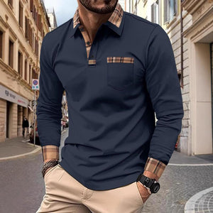 Men's Checked Stitching Lapel Long Sleeve Casual Polo Shirt