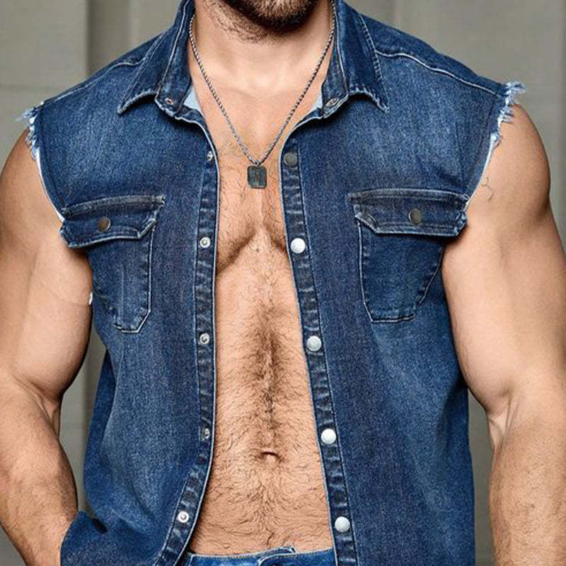 Herren Sommer Vintage Dunkelblaue Jeansweste