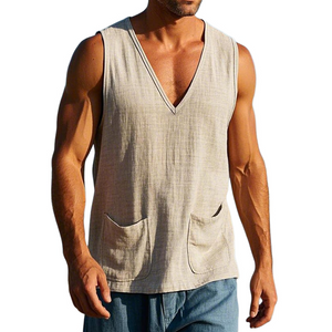 Herren Retro Casual Leinen Solid Pocket V-Ausschnitt Tank Top