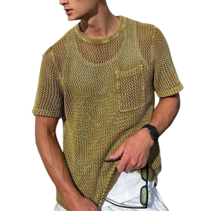 Men's Casual Round Neck Hollow Loose Knitted Short Sleeve Sweater T-Shirt (Tank Top Excluded)