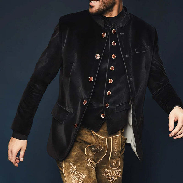 Men's Black Stand Collar Single Breasted Velvet Slim Jacket