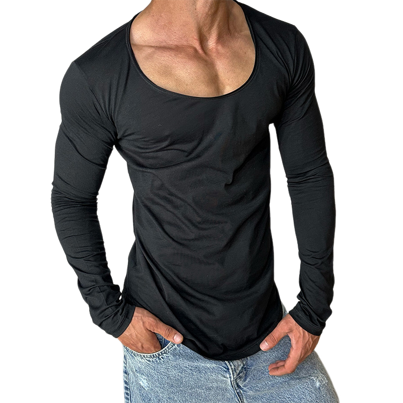 Men's Casual Cotton Blended Solid Color Round Neck Long Sleeve T-Shirt