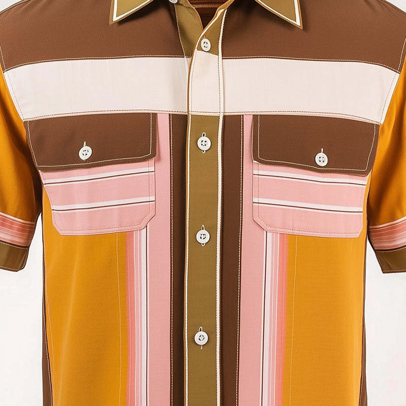 Men's Retro Contrast Stripe Print Short Sleeve Shirt