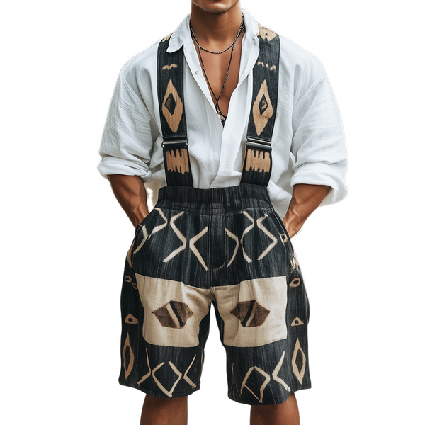 Men's Retro Geometric Print Linen Overalls