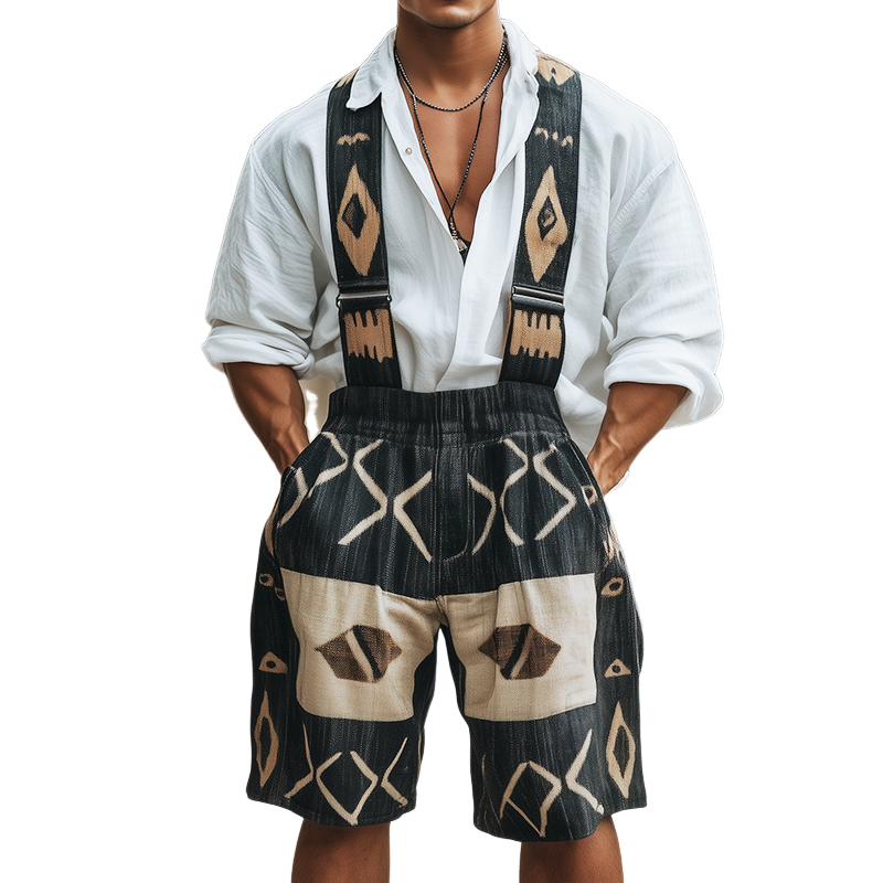 Men's Retro Geometric Print Linen Overalls