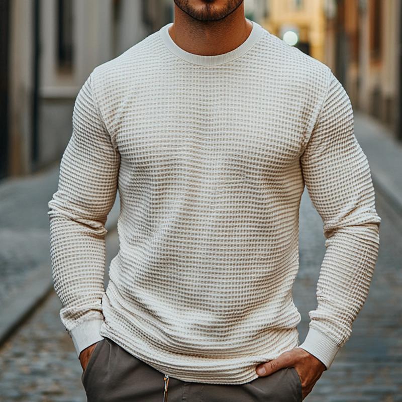 Herren Retro Casual Solid Color Waffel Rundhals Langarm T-Shirt