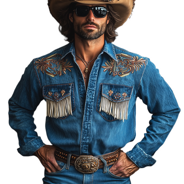 Men's Vintage Dark Blue Embroidered Tassel Western Denim Shirt