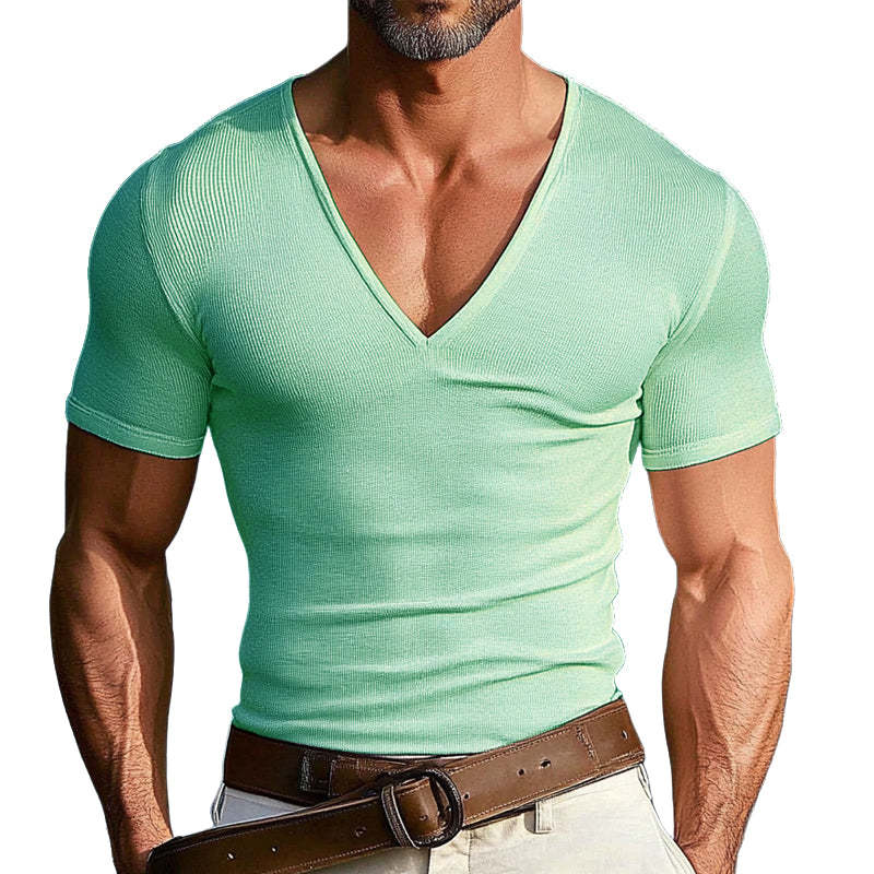 Men's Solid Color Knitted V-Neck Casual Short Sleeve T-Shirt