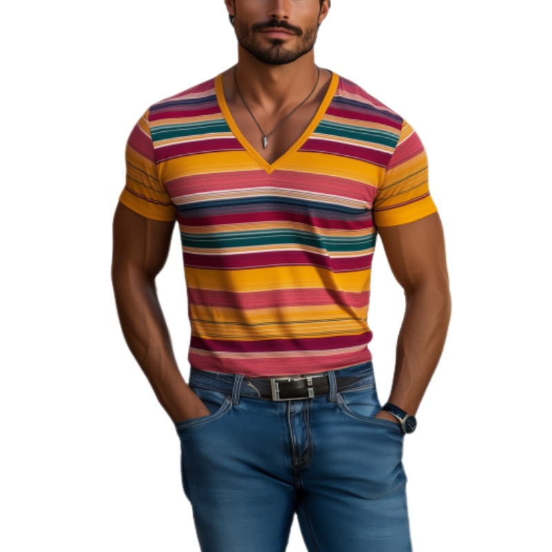 Men's Casual V-neck Contrast Striped Cotton Slim Fit Short-sleeved T-shirt