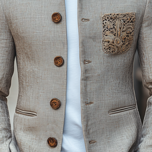 Klassische Retro-Herrenjacke mit Stehkragen und Taschenstickerei aus dünner Baumwolle und Leinen