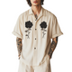Herren Casual Baumwolle Leinen Rose Stickerei Revers Lose Kurzarmhemd